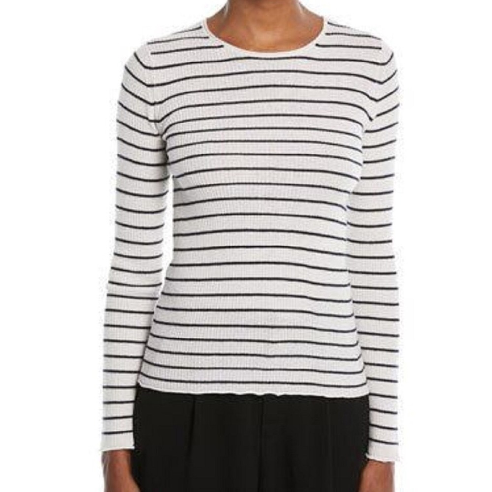 Vince 100% Cashmere Stripe Long Sleeve Lettuce Hem Top White Black Women's Large